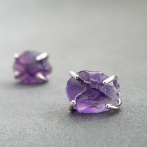 Raw Amethyst Stud Earrings, Amethyst Nuggets Posts, Sterling Silver Studs Purple earrings, February Birthstone image 6