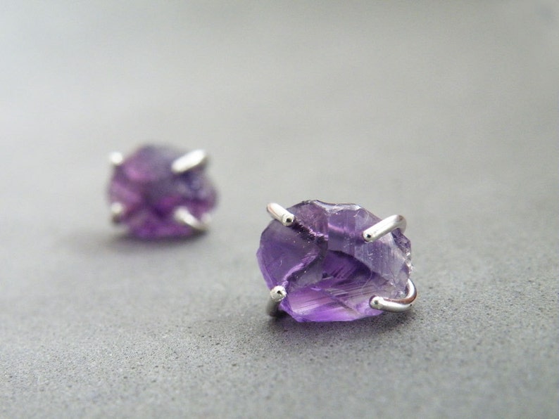 Raw Amethyst Stud Earrings, Amethyst Nuggets Posts, Sterling Silver Studs Purple earrings, February Birthstone image 6