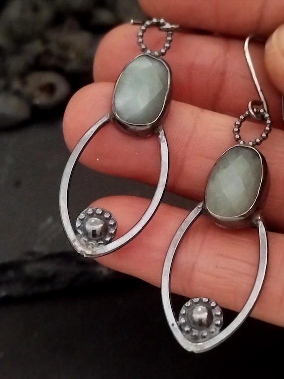 Sterling silver earrings with aquamarine cabochon, handmade talisman for serenity, March Birthstone