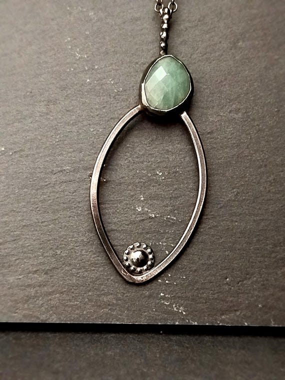 Handmade 925 silver amulet necklace with rose cut aquamarine