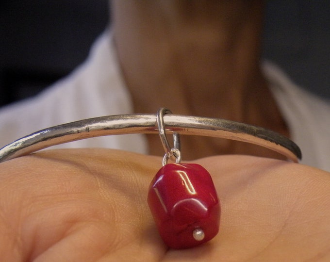 Sterling Silver 2.5mm Bangle With Red Coral Charm, Hardwear Stacking Coral Bracelet, Gift for Women, Handmade by SteamyLab