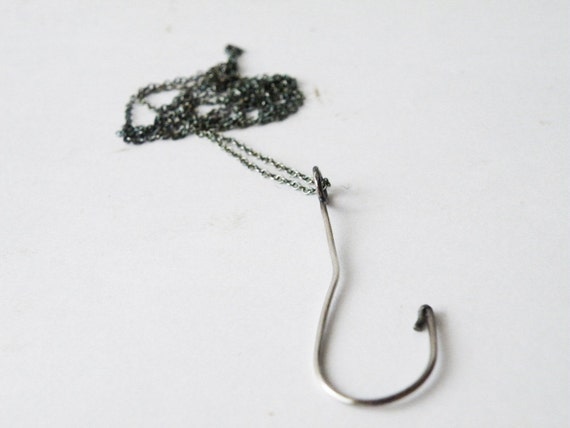 Fishing Hook Necklace, Nautical style jewel, Oxidized Sterling Silver, Matte Finish, Unisex pendant