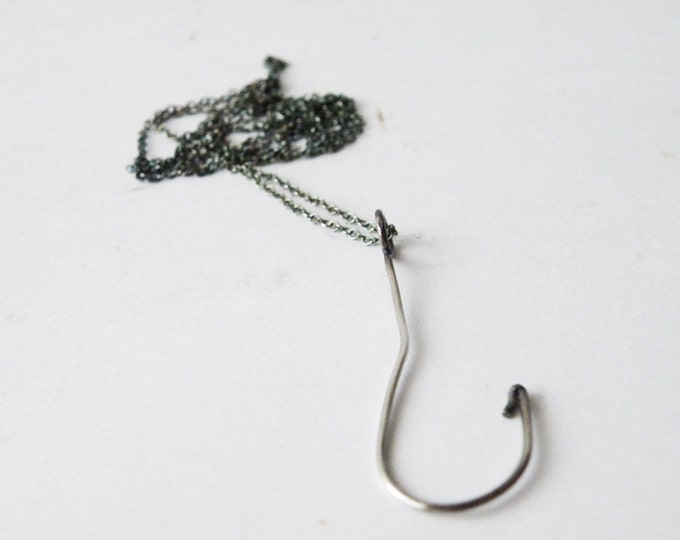 Fishing Hook Necklace Nautical Necklace Oxidized Sterling Silver Matte Finish Necklace by SteamyLab