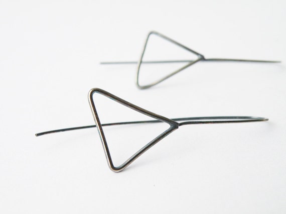 Sterling Silver Triangle Dangle Earrings, Oxidized Silver Minimalist Geometric Women's Jewelry