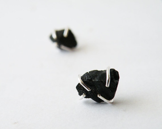 Glam Rock Raw Black Onyx  Stud Earrings, Posts Sterling Silver Studs, Leo Birthstone Jewelry