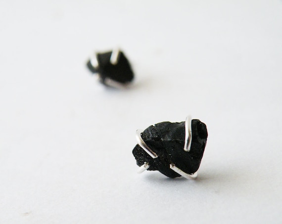 Raw Black Onyx  Stud Earrings Onyx Nuggets Posts Sterling Silver Studs Black Jet Glam Rock  Jewelry by SteamyLab