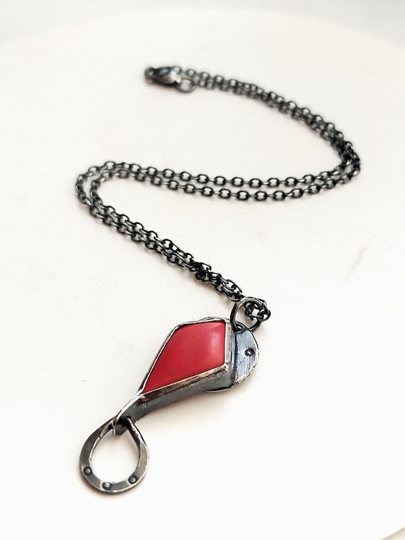 Natural Coral Talisman in Oxidized Sterling Silver – OOAK Handmade Geometric Pendant with Customizable Chain