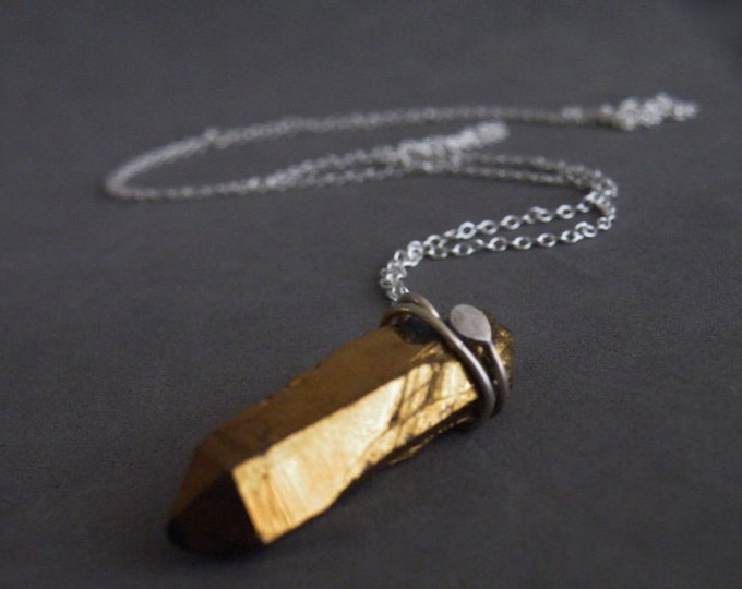 Gold Quartz Stick Necklace Raw Gold Quartz Sterling Silver Boho Necklace Raw Quartz Jewelry by SteamyLab