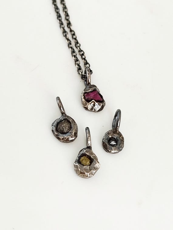 Resilience necklace, Silver pendants with lab created rubies and natural uncut diamonds
