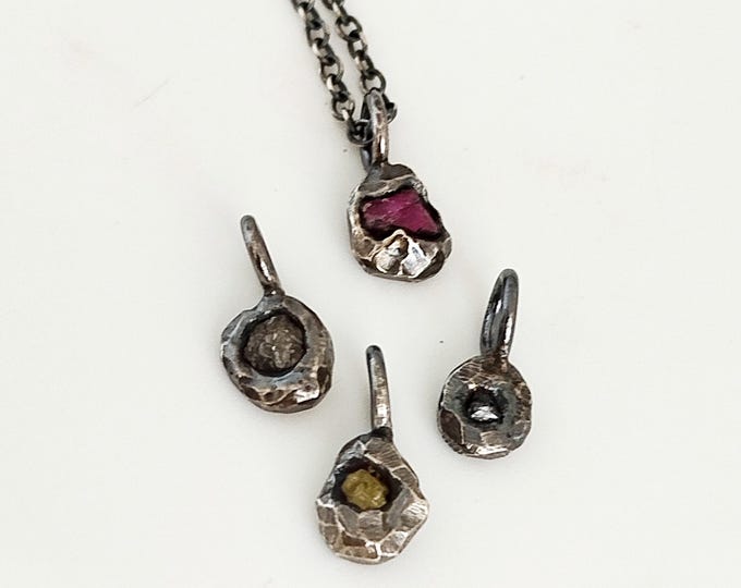 Resilience necklace, Silver pendants with lab created rubies and natural uncut diamonds