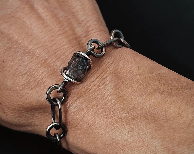 Menswear Handmade 925 Sterling Silver Bracelet with Herkimer Gemstone, individually forged chain links, Unisex brutalist chain bracelet