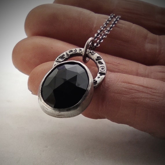 Rose Cut Black Onyx Necklace: Handmade Sterling Silver Cabochon, Ancient Roman Style