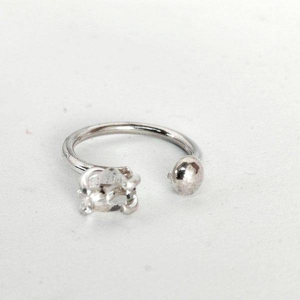 Anillo ajustable de plata de ley con diamante Herkimer en bruto, anillo abierto para mujer