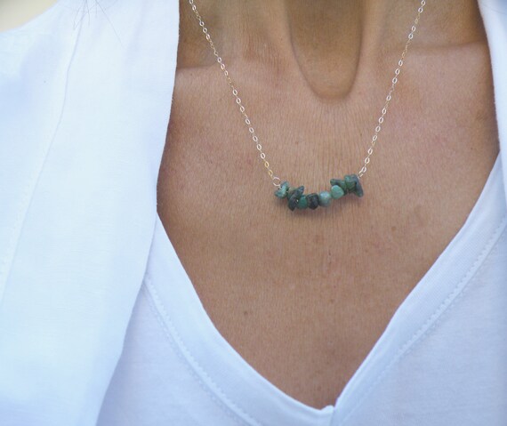 Raw Emerald Boho Layered Necklace,Raw Emerald Chips Necklace,  May Birthstone, Silver Bar Necklace, Sterling Silver, 9 Carat Solid Gold