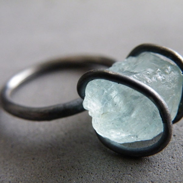 Aquamarine Ring, Raw Aquamarine Crystal, Oxidized Sterling Silver, Gemstone Ring, March Birthstone, Cocktail Ring by SteamyLab