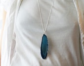 Sliced Blue Agate Pendant Necklace Tribal Layered Necklace Boho Jewelry Silver Plated Electroform Sterling Silver Chain Large Agate Gemstone