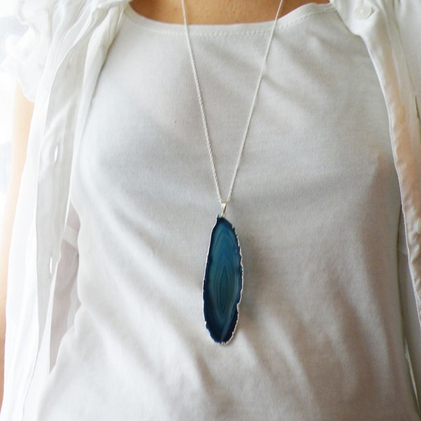 Sliced Blue Agate Pendant Necklace Tribal Layered Necklace Boho Jewelry Silver Plated Electroform Sterling Silver Chain Large Agate Gemstone