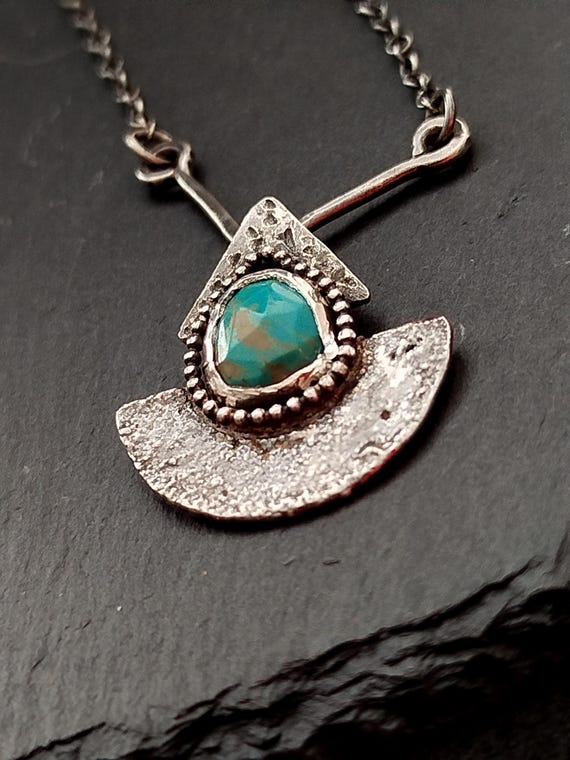Handmade silver turquoise talisman necklace, Protective artisan jewelry, Rose cut turquoise amulet