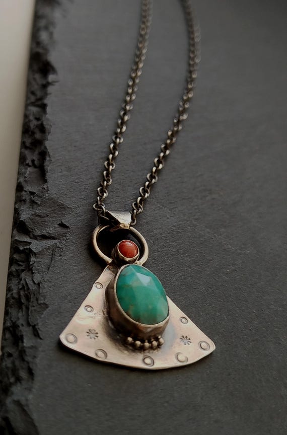 Turquoise and Coral Amulet Necklace, Handmade Sterling Silver OOAK Spiritual Jewelry