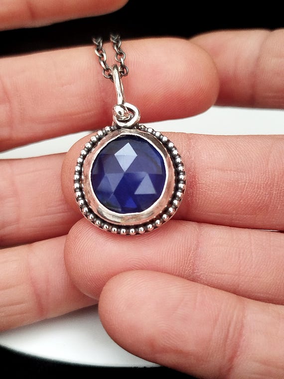 925 sterling silver necklace with lab‑created blue sapphire cabochon – handmade artisan jewelry