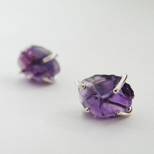 Raw Amethyst Stud Earrings, Amethyst Nuggets Posts, Sterling Silver Studs Purple earrings, February Birthstone image 1