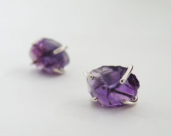 Raw Amethyst Stud Earrings, Amethyst Nuggets Posts, Sterling Silver Studs Purple earrings, February Birthstone