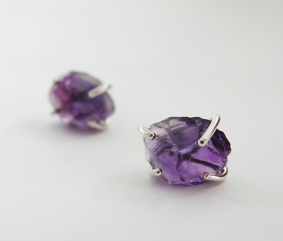 Raw Amethyst Stud Earrings, Amethyst Nuggets Posts, Sterling Silver Studs Purple earrings, February Birthstone