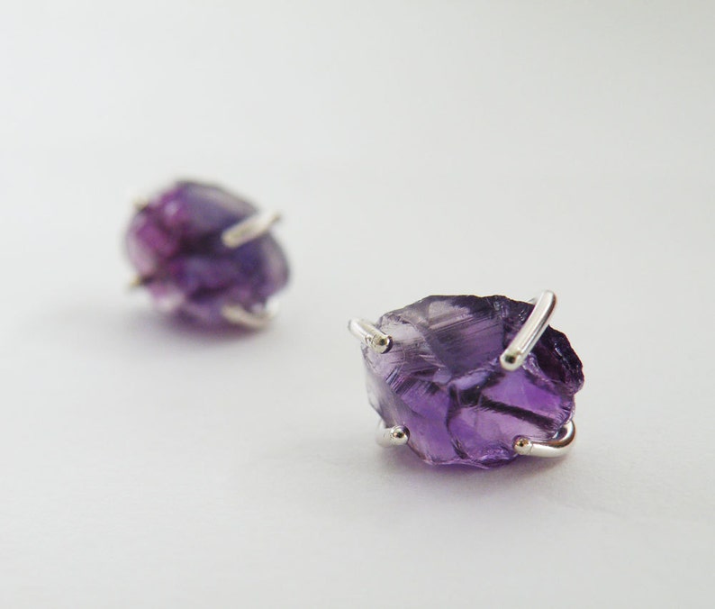 Raw Amethyst Stud Earrings, Amethyst Nuggets Posts, Sterling Silver Studs Purple earrings, February Birthstone image 1