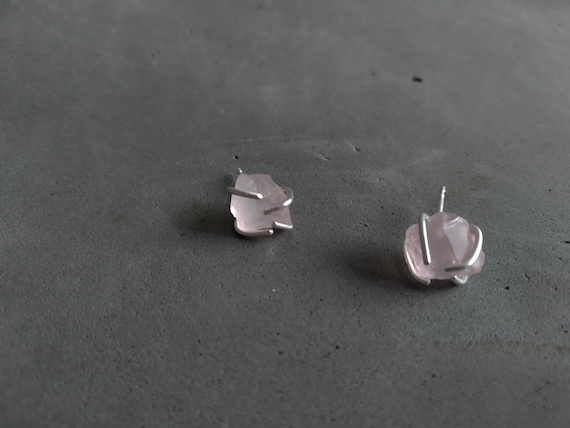 Natural Rose Quartz Studs Pink Quartz Earrings Sterling Silver Setting Capricorn Birthstone Zen Jewelry by SteamyLab