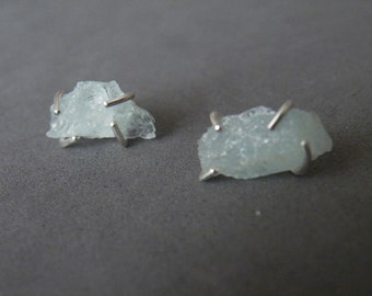 Raw Aquamarine Stud Earrings, March Birthstone Jewelry, Women Earrings