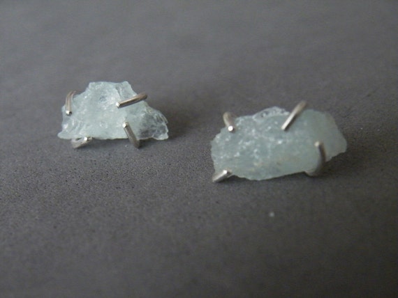 Raw Aquamarine Stud Earrings, March Birthstone Jewelry, Women Earrings