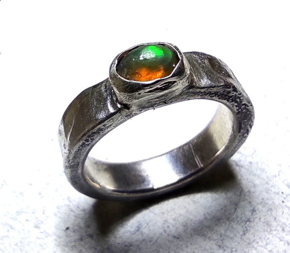 Reticulated Moonscape Texture Silver Band Ring with Natural Ethiopian Fire Opal 4x6mm, Hard-Core Ring, Unisex Opal Ring, Statement Jewelry