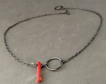 Rohe Korallen Zweig Kette: Oxidiertes Sterling Silber