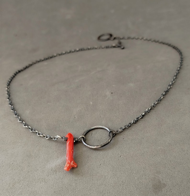 Branches Tree Raw Coral Necklace, Genuine raw coral choker, Oxidized sterling silver collar, Jewelry gift ideas image 1