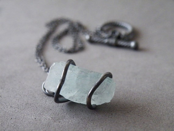 Raw Aquamarine Necklace: Oxidized Sterling Silver Crystal, March Birthstone
