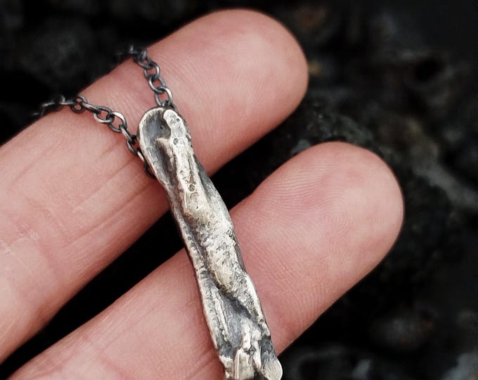 Rustic Handmade Silver Pendant Necklace with Organic Textured Bar, Fused silver pendant necklace