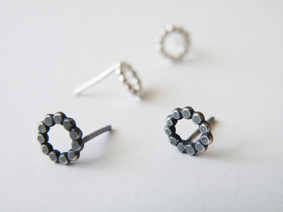 Dainty Stud Earrings Dotted Studs Sterling Silver Oxidized Silver Earrings Tiny Studs Modern Minimalist Earrings - 1 PAIR
