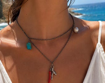 Oxidized Sterling Silver Sea Necklace with Natural Coral, Pearl & Turquoise Ocean Talisman Necklace