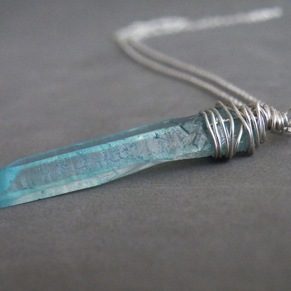 Blue Quartz Stick Necklace Clear Aura Quartz Sterling Silver Boho Necklace Raw Quartz Jewelry by SteamyLab