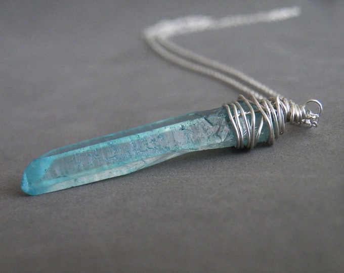 Blue Quartz Stick Necklace Clear Aura Quartz Sterling Silver Boho Necklace Raw Quartz Jewelry by SteamyLab
