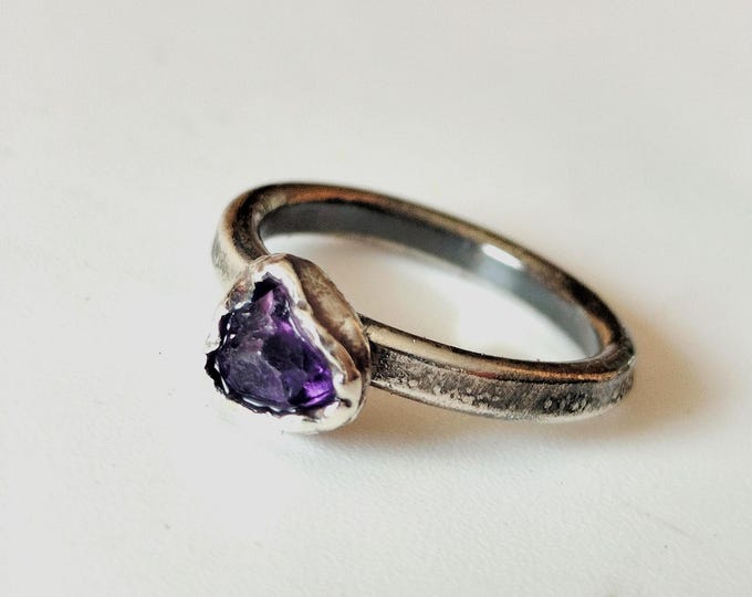 Handcrafted Stacking Silver Ring with Raw Amethyst, February Birthstone Gift