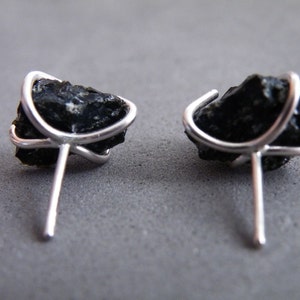 Raw Snowflake Obsidian Earrings, Silver Studs Unisex, Jewelry Gifts for Him, for Her image 2