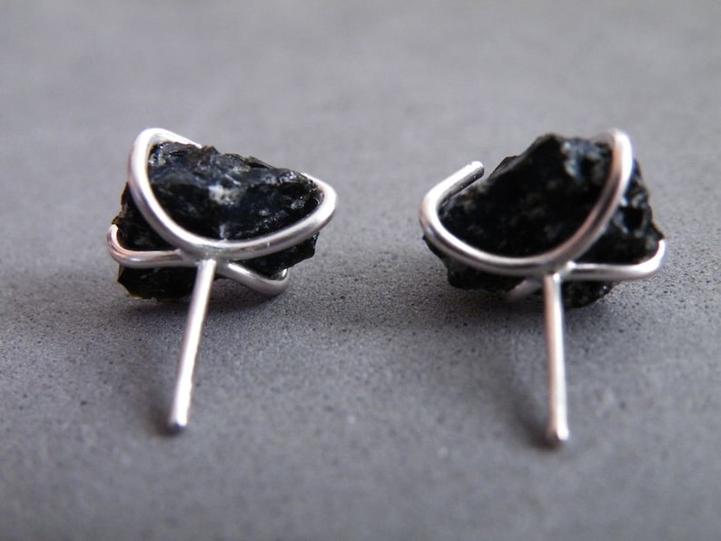 Raw Snowflake Obsidian Earrings, Silver Studs Unisex, Jewelry Gifts for Him, for Her image 2