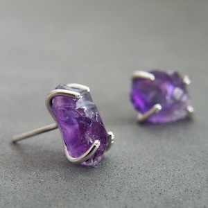 Raw Amethyst Stud Earrings, Amethyst Nuggets Posts, Sterling Silver Studs Purple earrings, February Birthstone image 2
