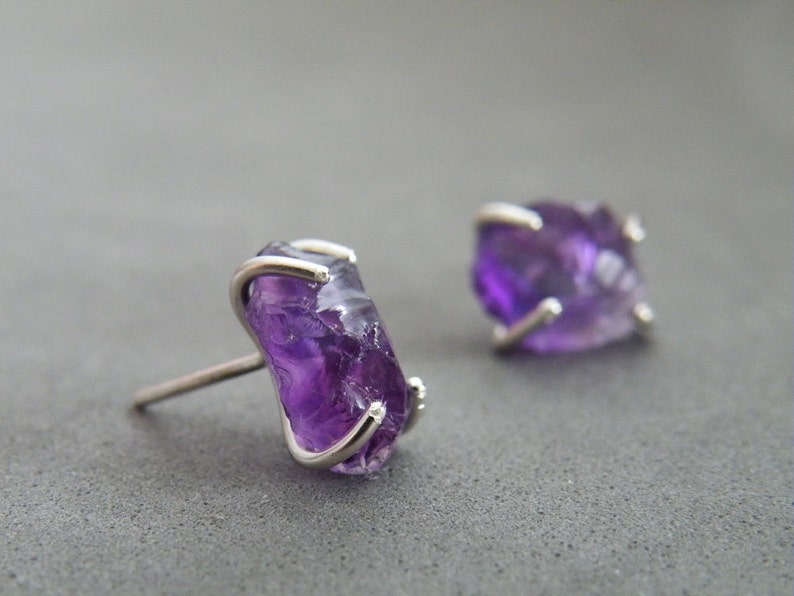 Raw Amethyst Stud Earrings, Amethyst Nuggets Posts, Sterling Silver Studs Purple earrings, February Birthstone image 2