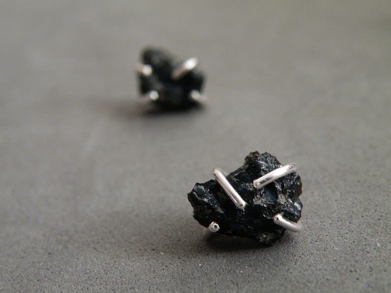 Raw Snowflake Obsidian Earrings, Silver Studs Unisex, Jewelry Gifts for Him, for Her image 1