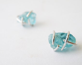 Rough Seas Blue Apatite Nuggets Earrings, Aqua Stone Stud Earrings for Her, Women Jewelry Ideas