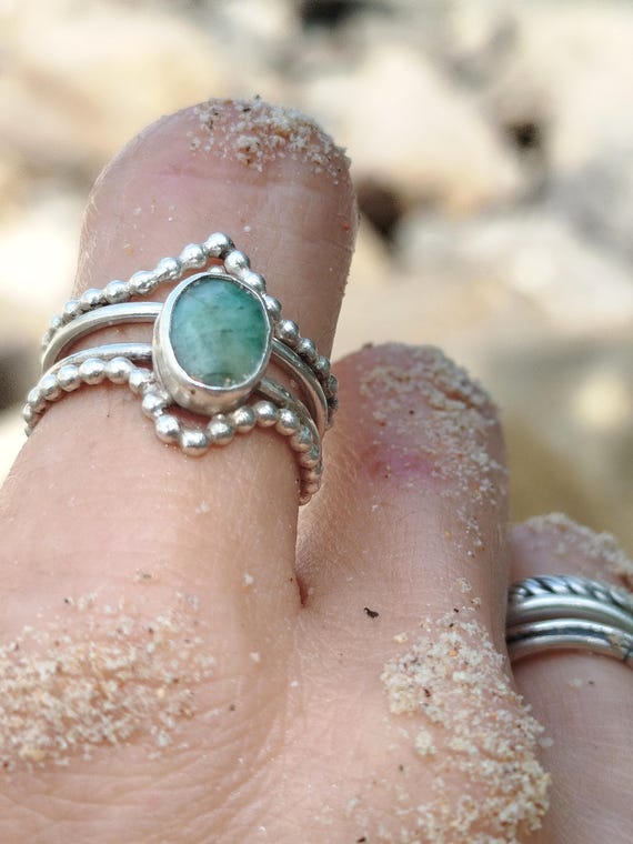 Sterling Silver Chevron Emerald Rings – Stackable Design Inspired by Oriental Spirituality and Indonesian Nature