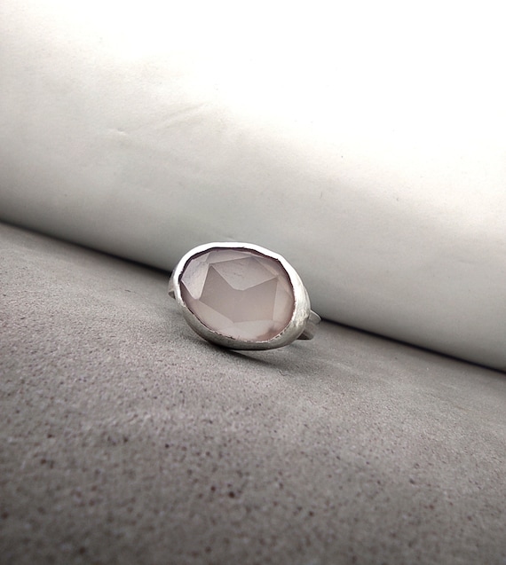 Rose Cut Pink Chalcedony Ring: Handmade Sterling Silver Cabochon