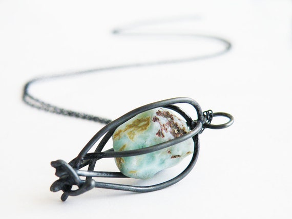 Raw Larimar Cage Pendant Necklace Black Oxidized Sterling Silver Gemstone Necklace by SteamyLab